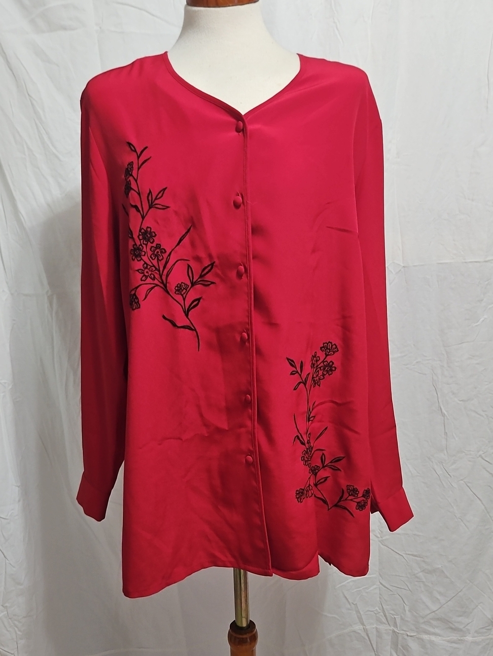 Elegant Red Button-Down Blouse with Black Floral Embroidery